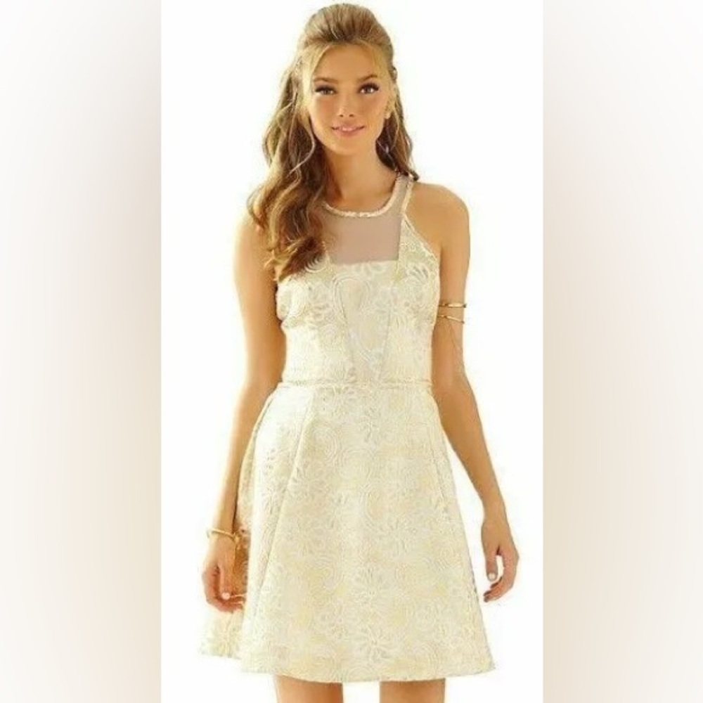 Lilly Pulitzer size 2 gold jacquard Elsie illusion flower pique cocktail dress
